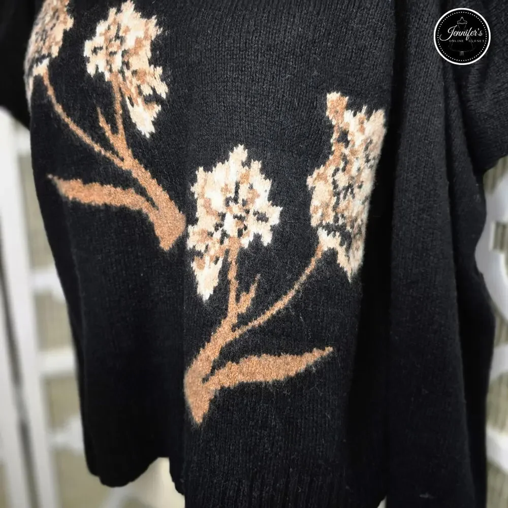 BCBGMaxAzria Black Iris Wool Blend Floral Puff Long Sleeves Sweater Size L